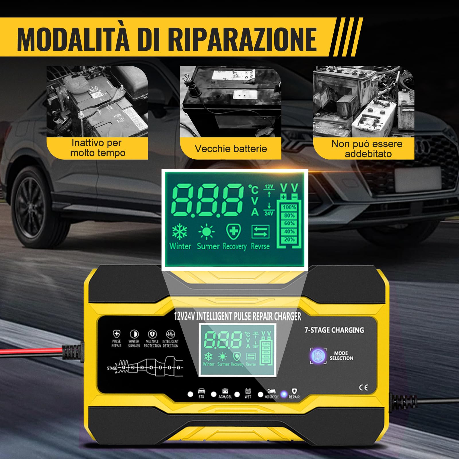 YDBAO Caricabatteria Auto di Carica 10A 12V/24V Caricabatterie Auto Moto con Schermo LCD Touch Multi Protezioni 5 Modalità di Ricarica Caricabatterie per Auto Moto AGM