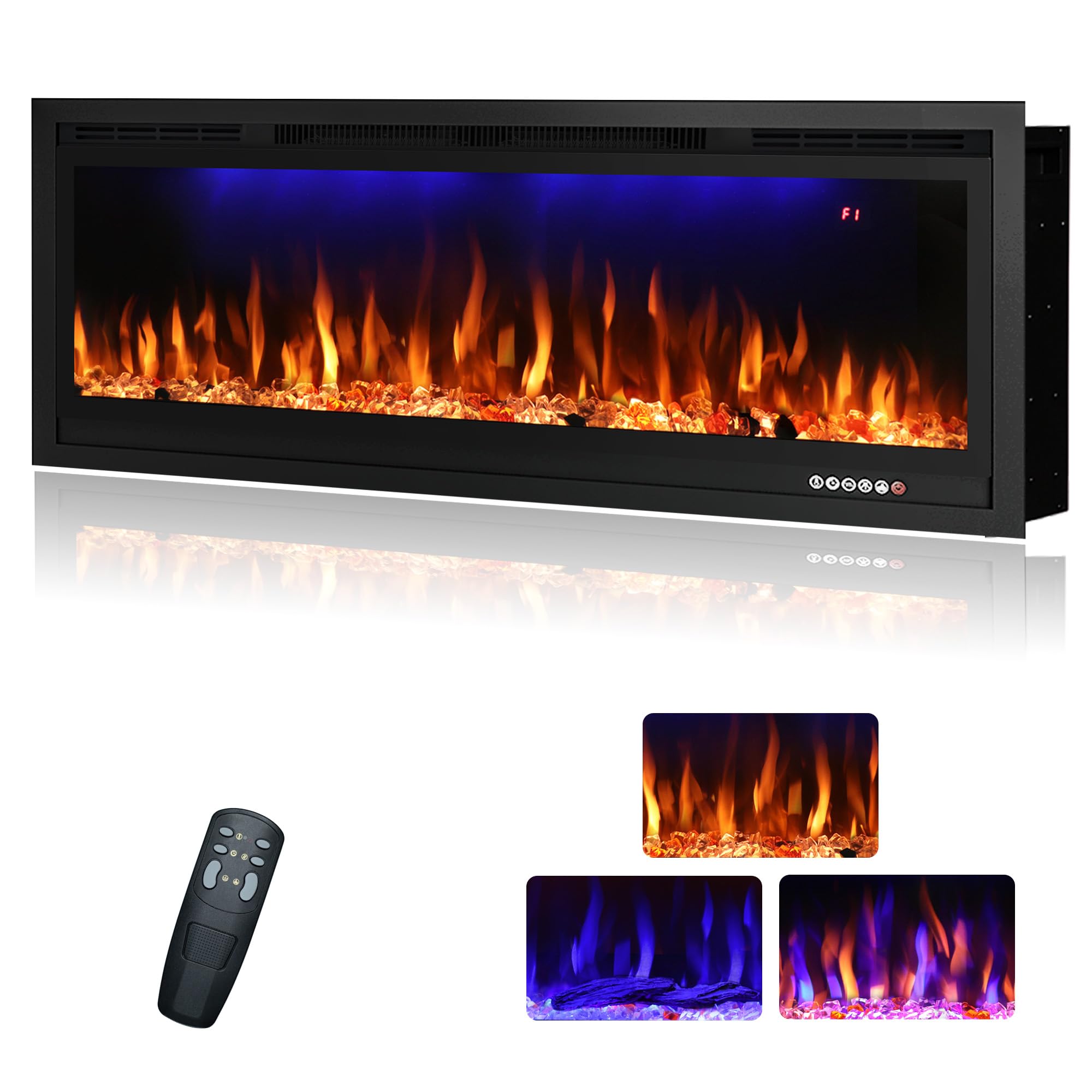 107cm/42" Camino elettrico con 3 Colori di fiamma e Luce Superiore, Termostato, 750W/1500W, Timer, Incastrato e Montato a Parete