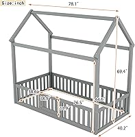 Vista 2 de Bellemave Cama Montessori de tamaño individual para niños, camas de piso de madera con barandillas de valla y puerta, cama individual para niños