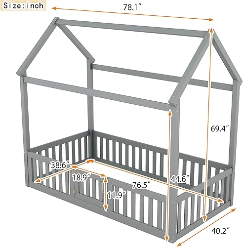 Miniatura 2 de Bellemave Cama Montessori de tamaño individual para niños, camas de piso de madera con barandillas de valla y puerta, cama individual para niños y