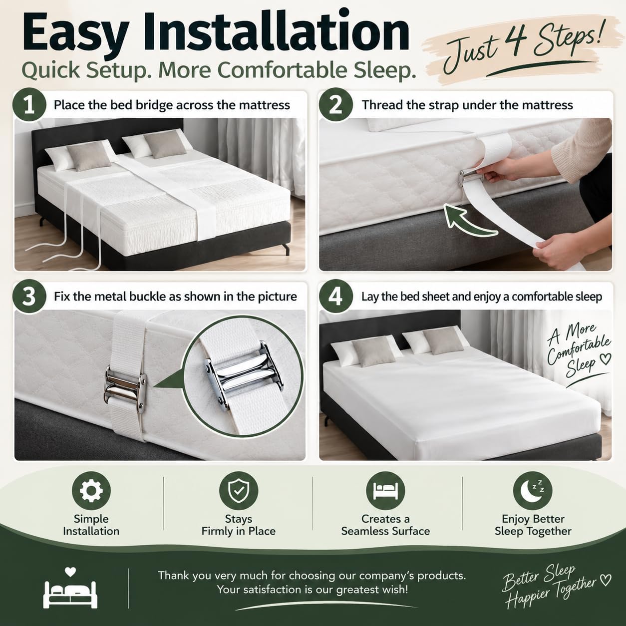 Twin to King Bed Converter, Bed Bridge Mattress Connector with 3 Adjustable Straps and Metal Buckles, Split King Gap Filler for Two Twin Beds, Polyester Mattress Joiner for Guest Room