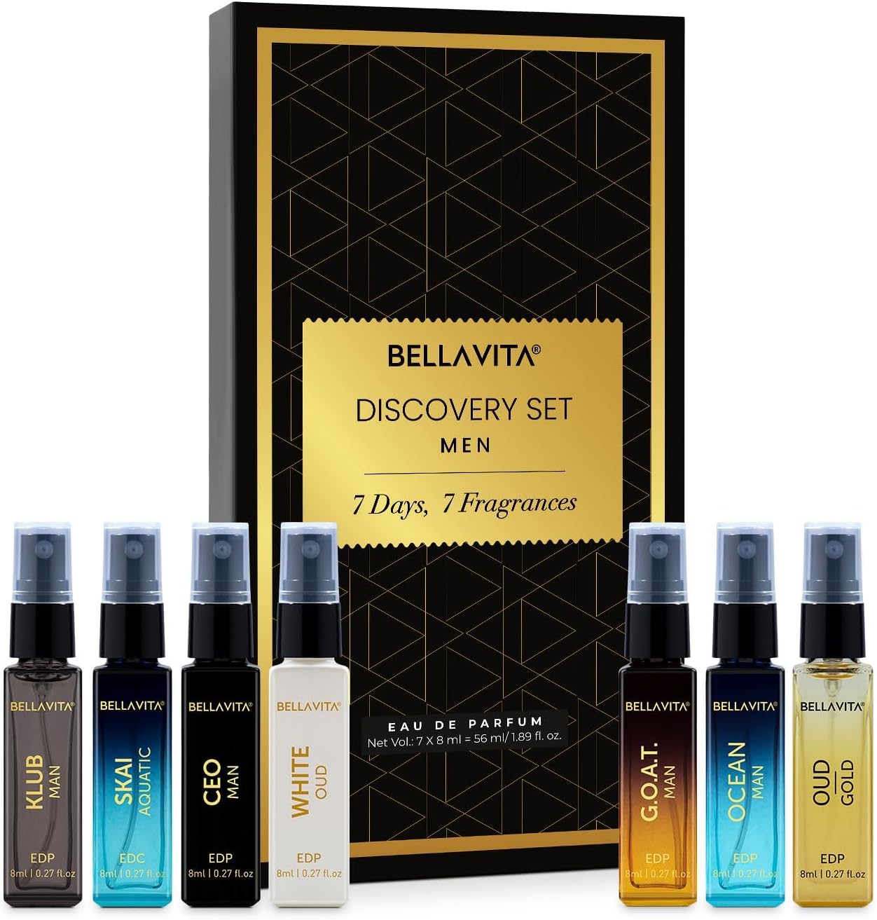 BELLAVITA Discovery | Long Lasting EDP 7x8ml Perfume Gift Set for Man | Woody, Oud and Fresh Premium Fragrance for Men | Ideal for Every Moment