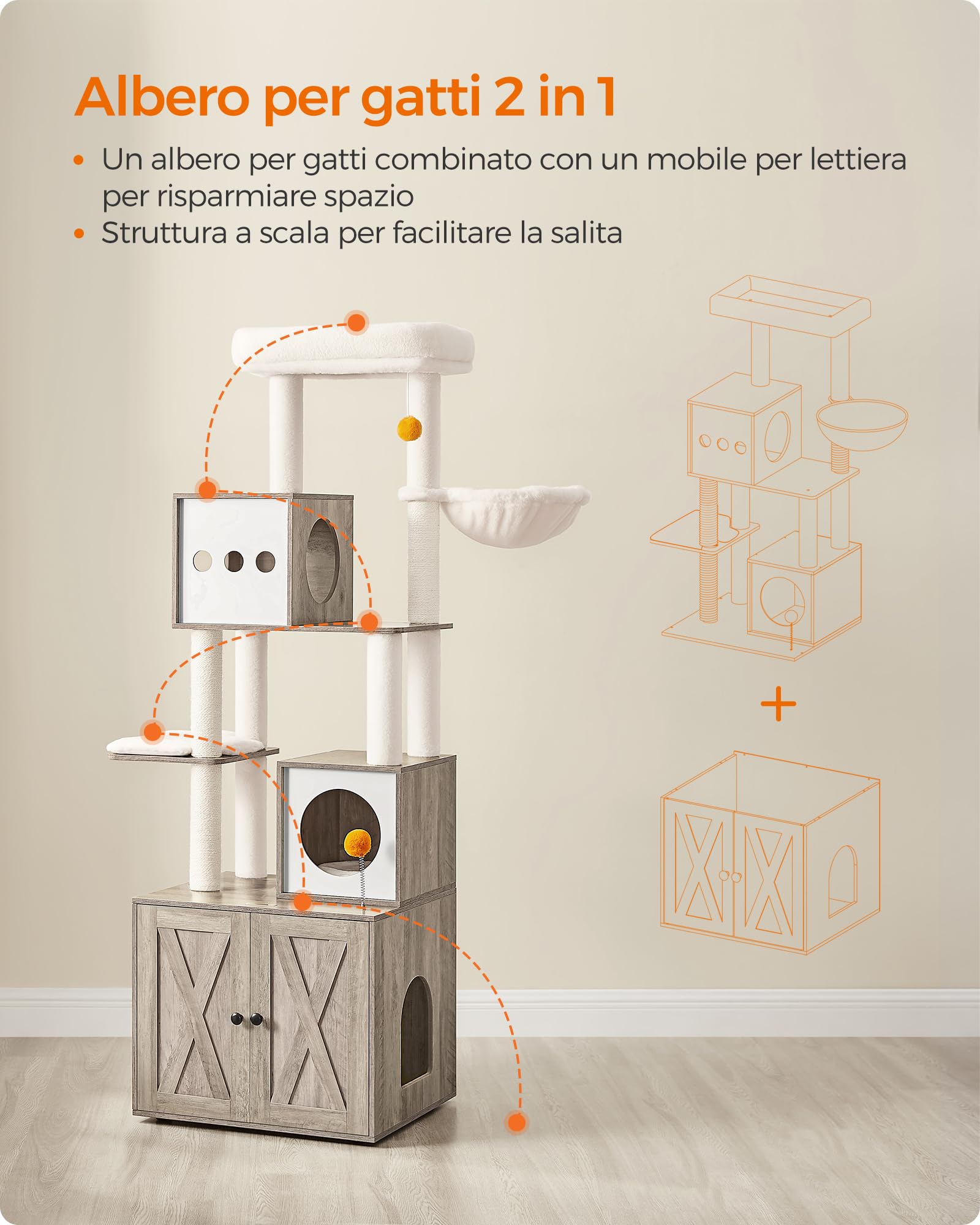 Feandrea Albero per Gatti Moderno, Tiragraffi con Mobile per Lettiera, 185 cm, Condominio per Gatti, Graffiatoi, Trespolo, Cuscini Lavabili, Greige PCT116G01