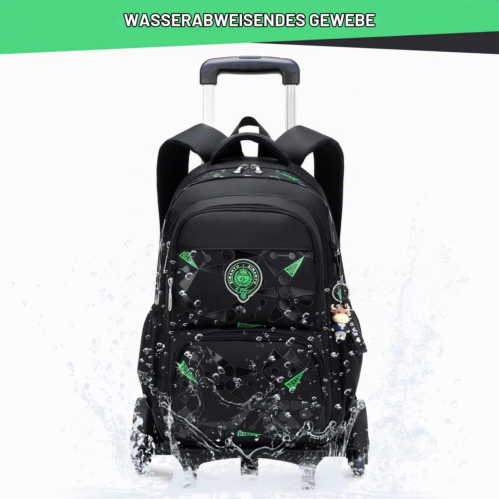 Amythe Kinderrucksack mit Rollen, Abnehmbare Trolley Schulranzen für Jungen Mädchen der Klassen 1-5, Robuster Lässig Rucksack mit 6 Rädern Schulrucksack für Schule/Reise, Schwarz
