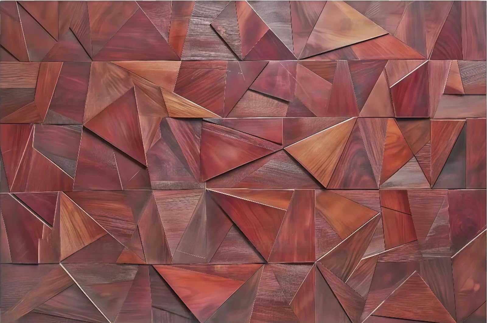 Tapeta nowoczesna minimalistyczna mahoń sztuka trójkąt kolaż geometryczny słoje drewna tłoczony obraz telewizor sofa tło tapeta ścienna salon restauracja kawiarnia, 3D, 430x300 cm