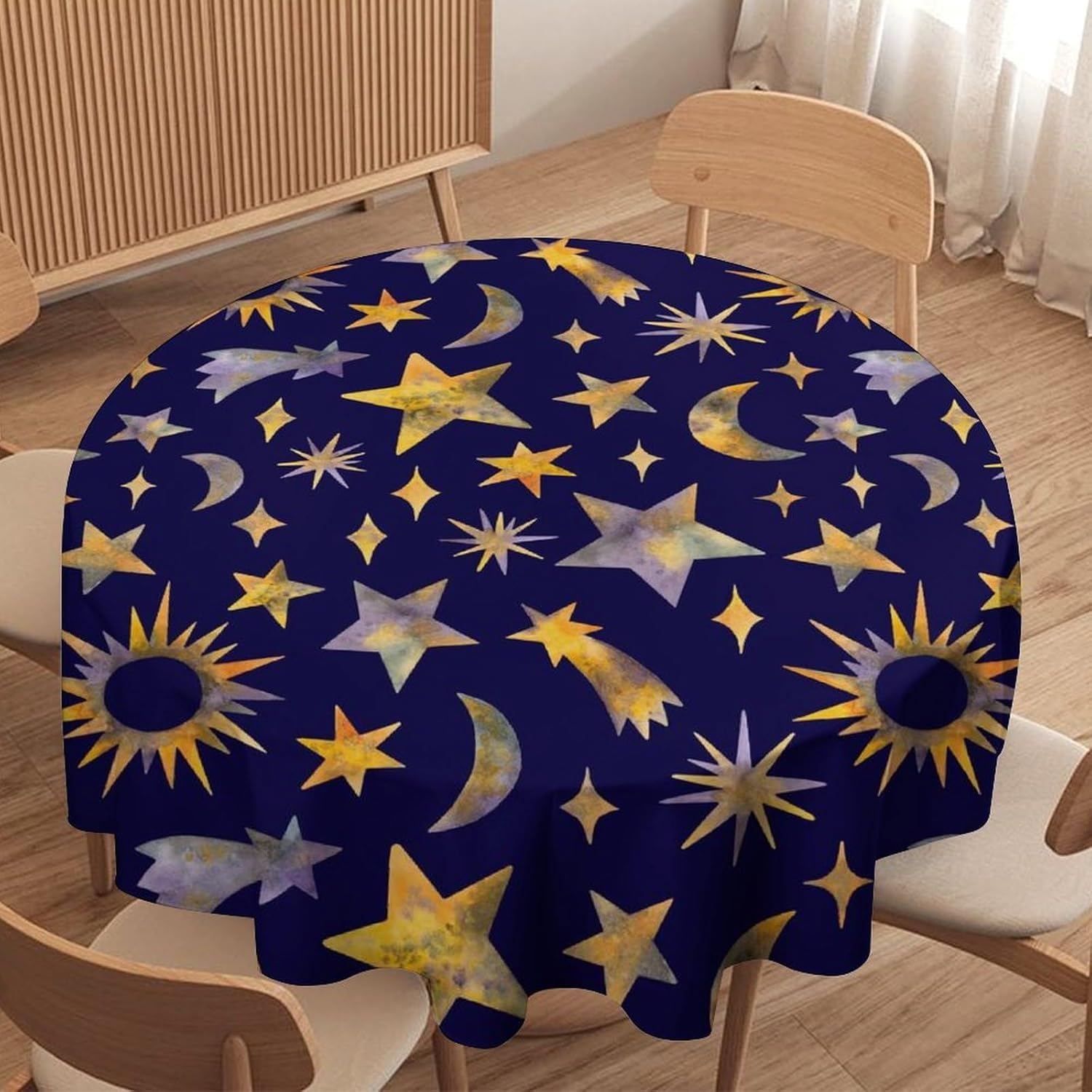 Sun Moon Tablecloth, Constellation Galaxy Mystical Space Colorful Table Cover for Dining Room Kitchen Holiday Home Picnic Party Camping, 70x70 Inch Round