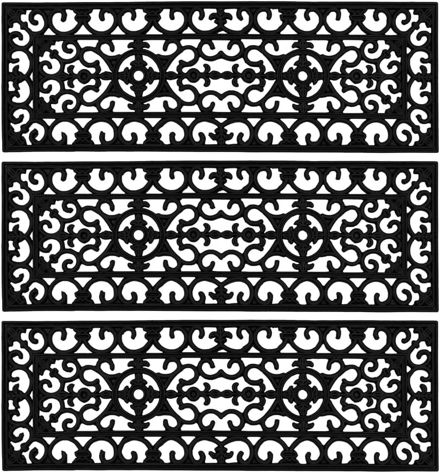 Rubber Non Slip Stair Treads, Set of 3 Outdoor Rubber Mats - Heavy Duty Wrought Iron Design for Steps & Doorways, All Weather 25x75cm, Easy Clean (Black)
