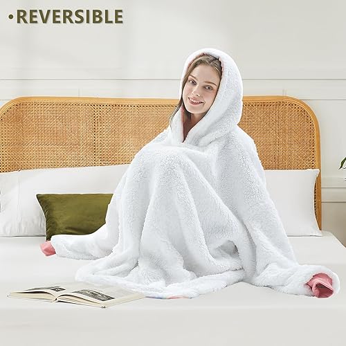 Miniatura 6 de L'AGRATY Manta con capucha gigante de gran tamaño con mangas de bolsillo para mujeres y hombres, franela sherpa, suave, cálida, acogedora, suéter,