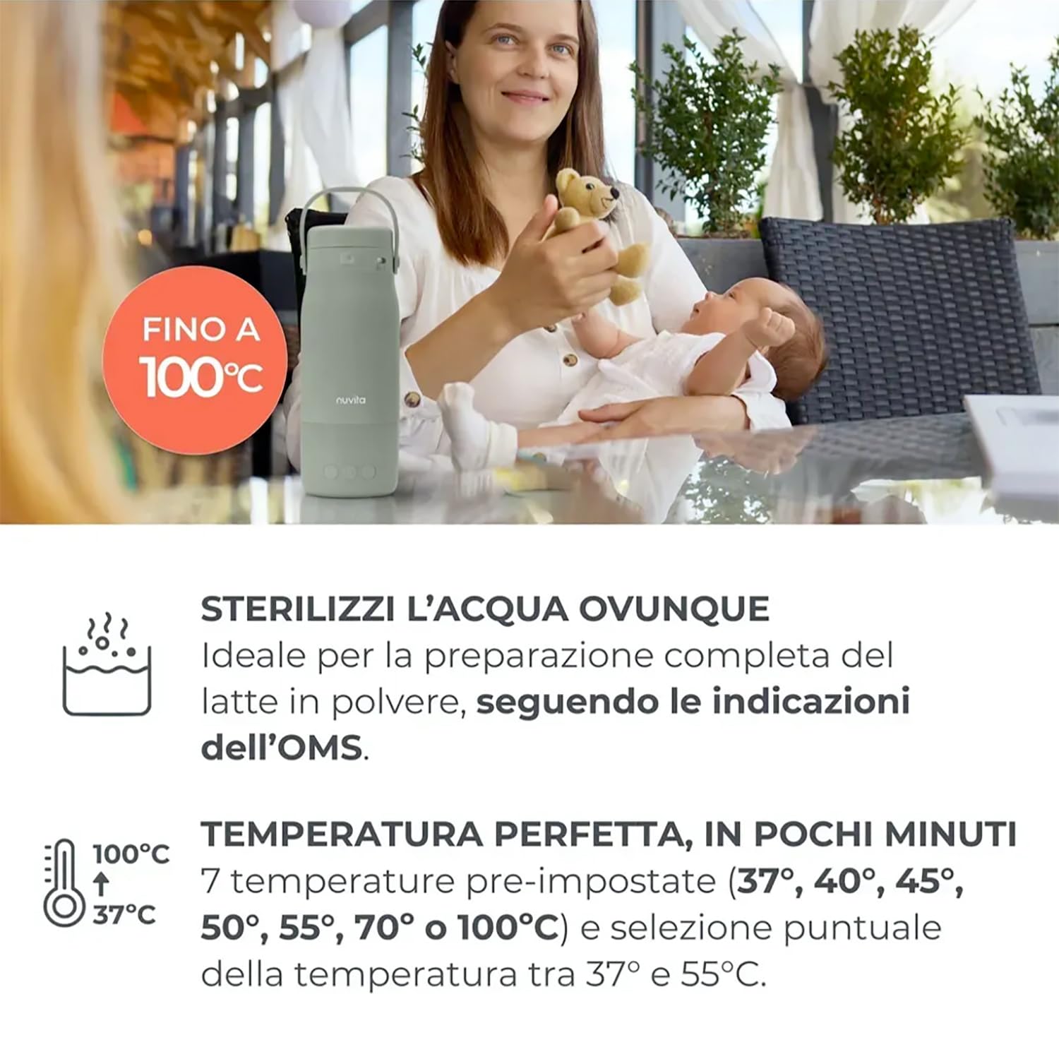 Nuvita 1190 podgrzewacz do butelek 500 ml - bezprzewodowy podgrzewacz do butelek z akumulatorem, 3 temperatury do wyboru 37°C/55°C/100°C, utrzymuje ciepło do 12 godzin