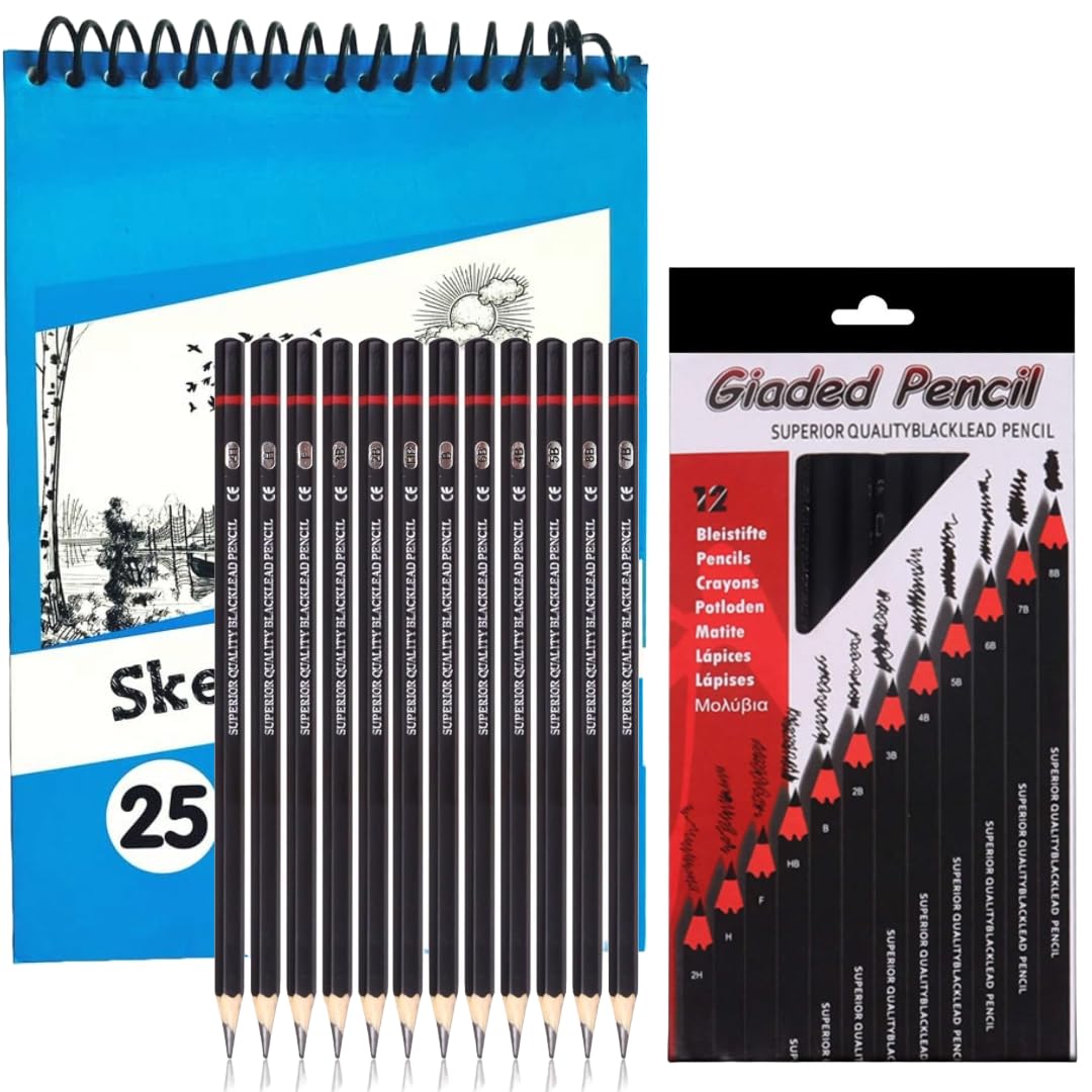 Corslet Set of 13 Drawing Kit 12 Pc Drawing Pencils Set Sketch Pencil Set Sketching Kit Graphite Pencil with 25 Sheets 50 Pages A5 Sketch Book for Sketching & Shading for Artists Shading Pencils Set