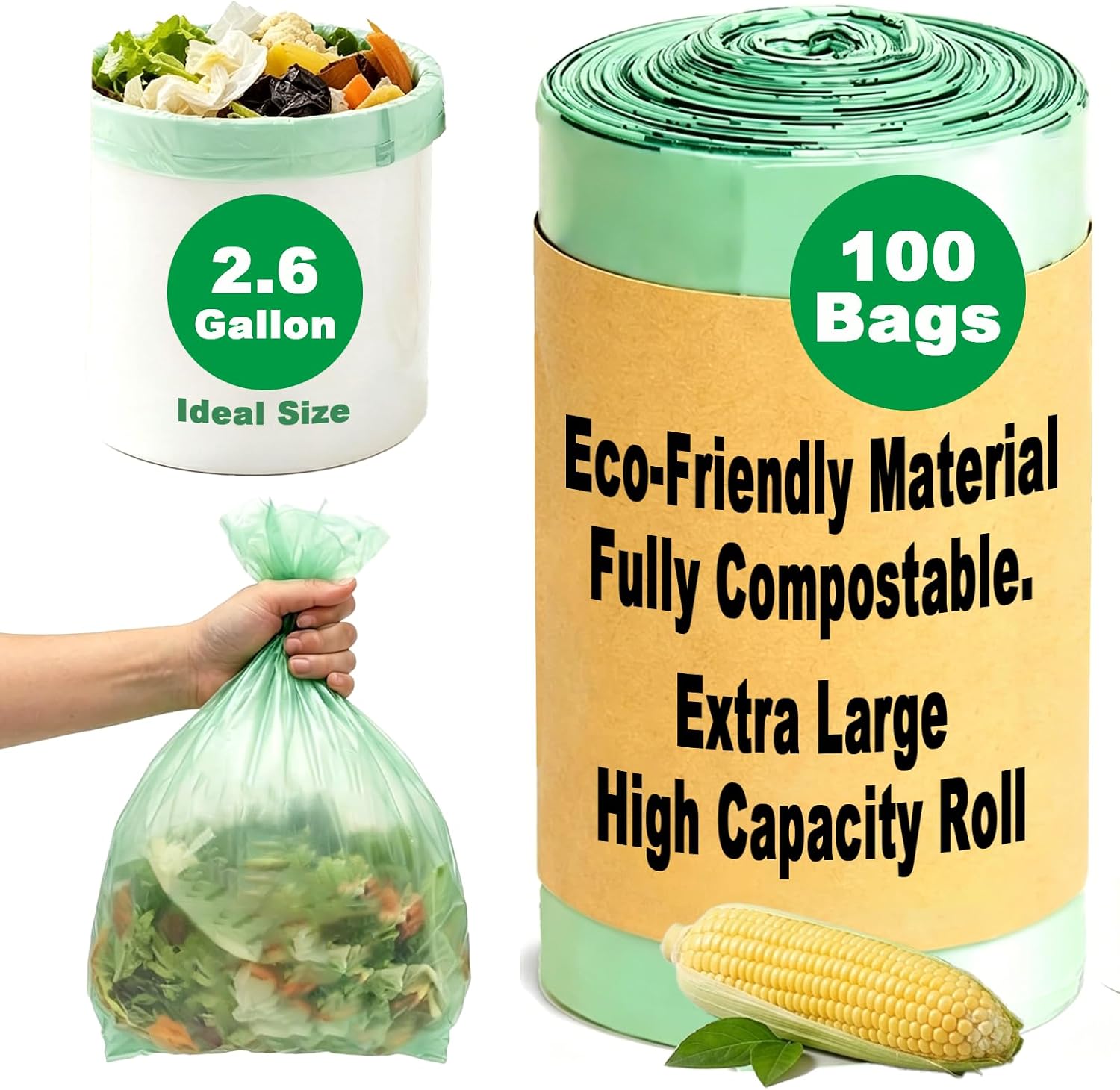 Compost Bags, Compostable Small Trash Bags for Kitchen Compostable Food Scrap Bags For Counter Top Compost Bin Small Kitchen Food Scrap Waste Bags for Compost (1.2G-100count)