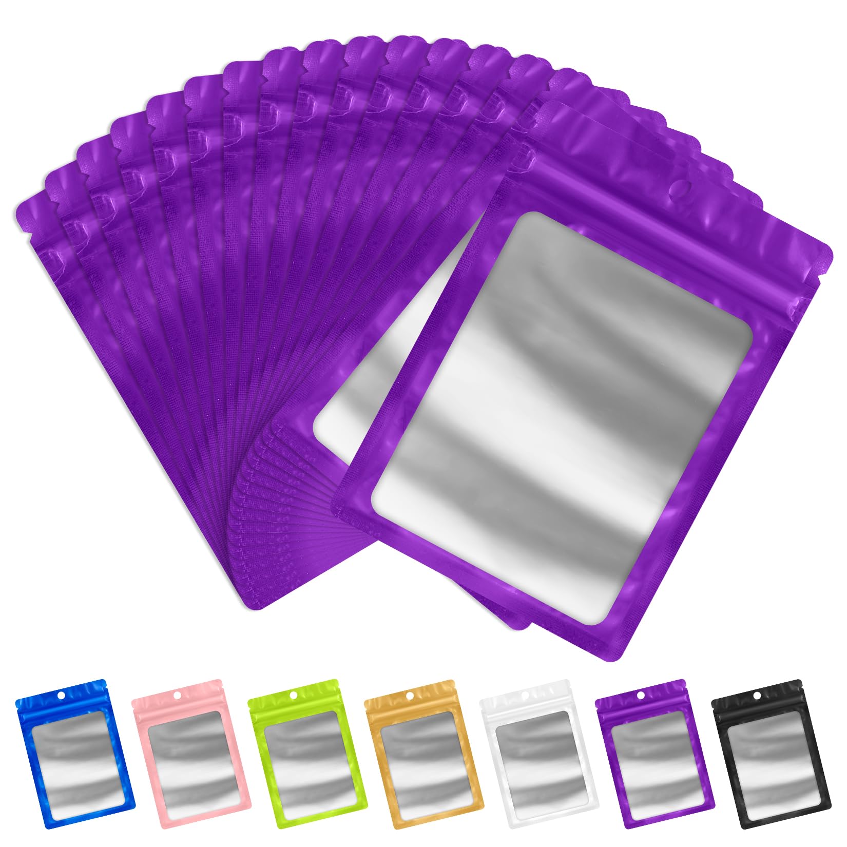 FUNFERY 100 Pack Mylar Resealable Bags Foil Packaging Bags with Clear Window,Zipper Pouch Smell Proof Bag for Food Storage,Cookies,Sample,Small