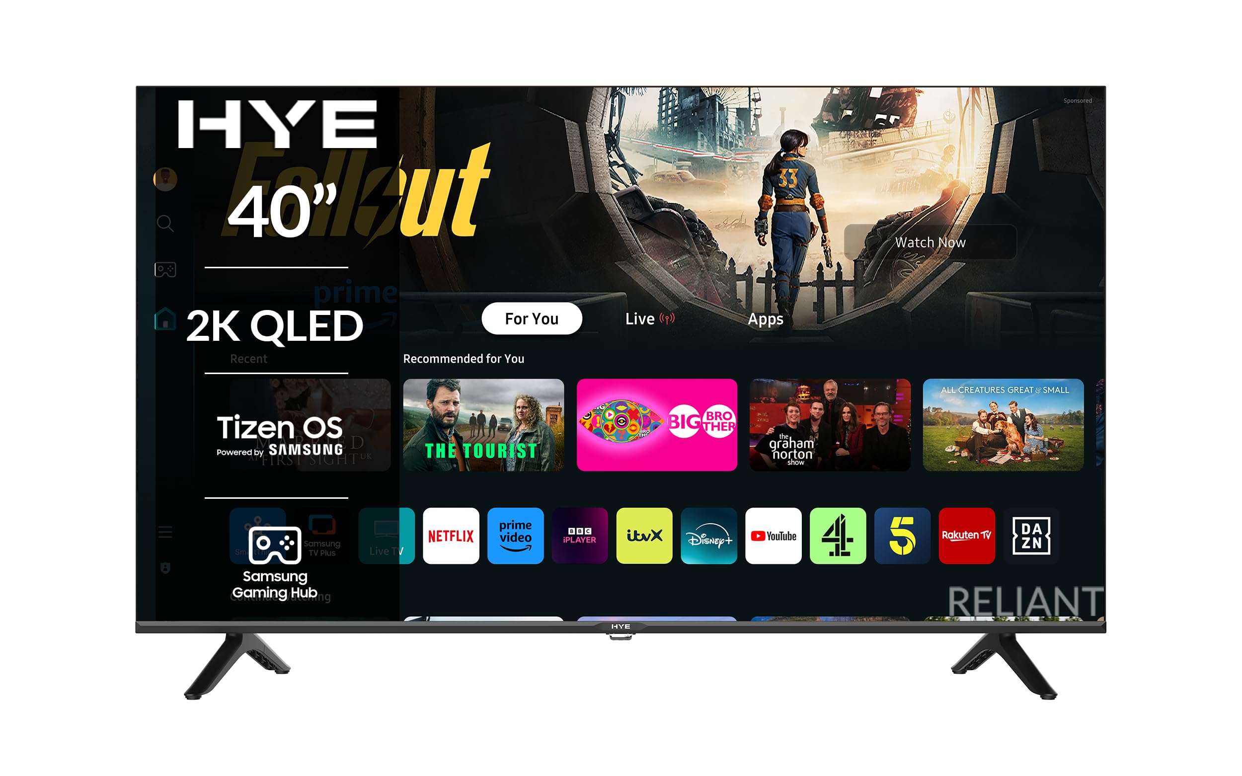 HYE TV - Smart TV, 40" Screen Size, 2K Resolution, QLED Technology, Samsung Tizen OS & Gaming Hub, Versatile Connectivity, Black, Perfect For Streaming, Gaming & Entertainment - 40QLEDS1008