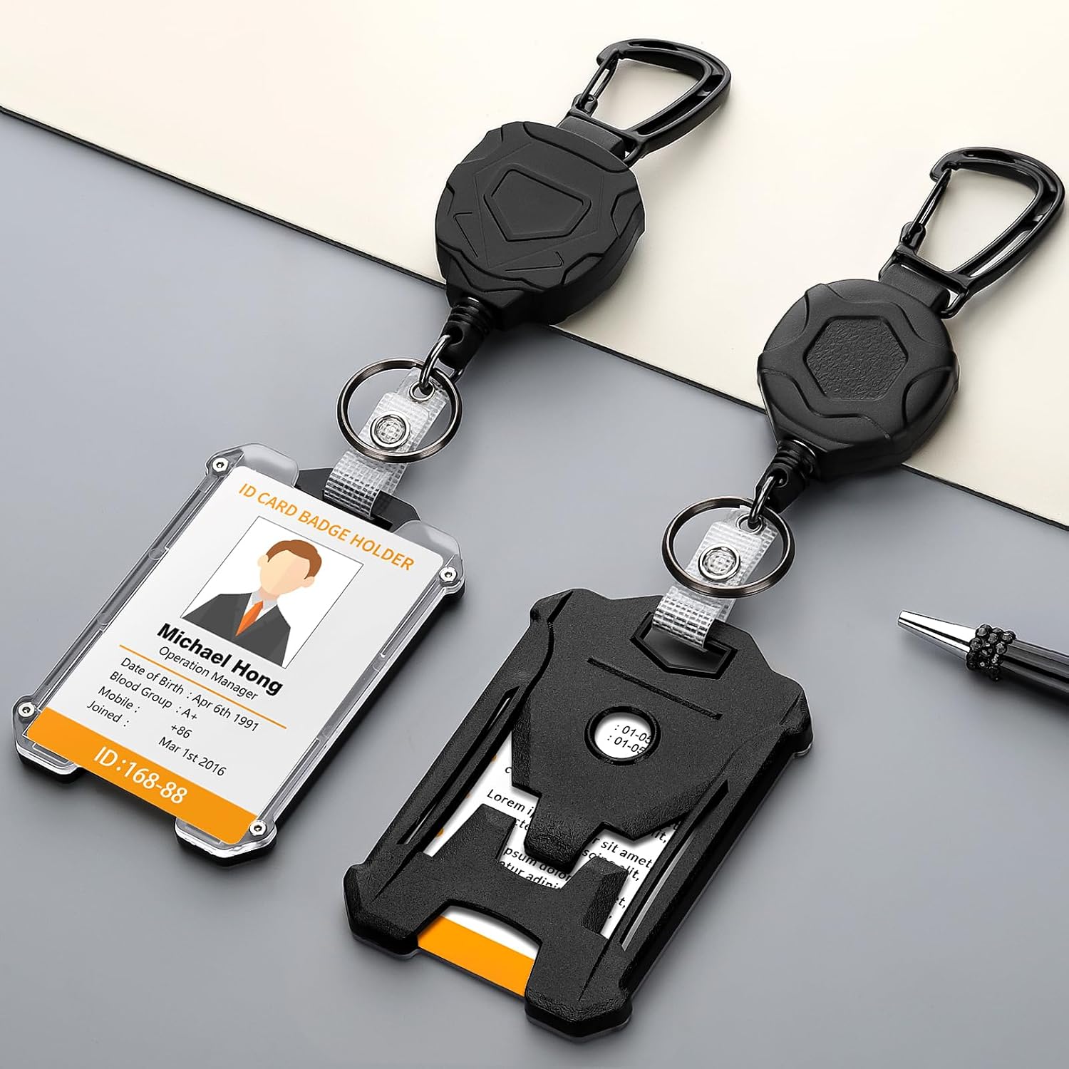 SAVORI 2 Pack Retractable Badge Holder, Heavy Duty Badge Reel Keychain with Tactical ID Card Holder, Retractable Lanyard Keychain -Black thumbnail