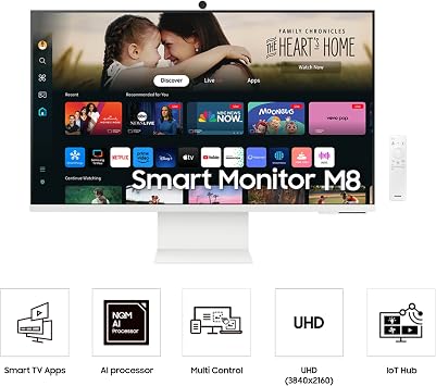 SAMSUNG 32-Inch M8 (M80D) Series 4K UHD Smart Monitor with Streaming TV, Speakers, HDR10+, AI Upscaling, USB-C, Ergonomic Stand, SlimFit Camera, Gaming Hub, LS32DM801UNXZA, 2024