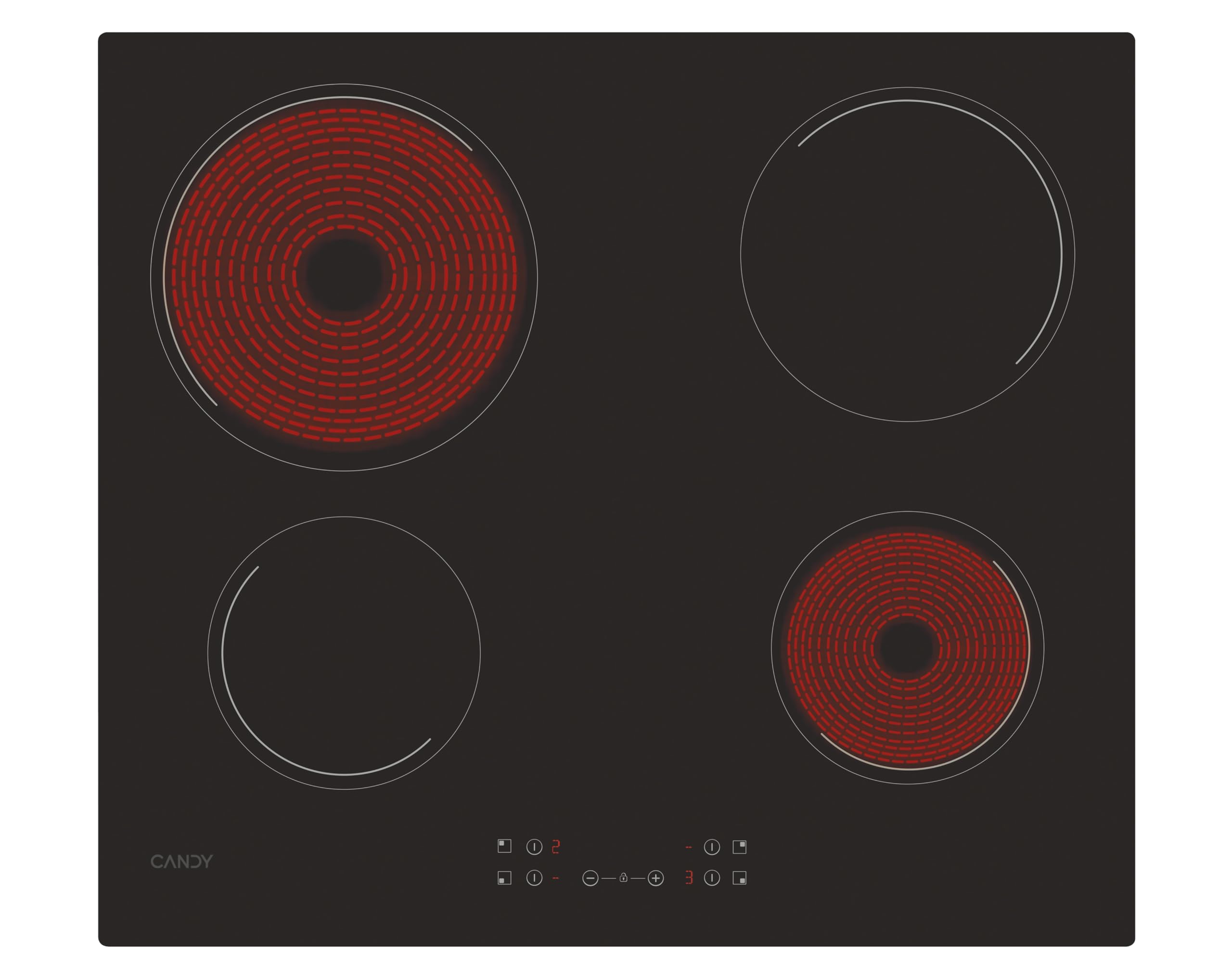 CANDY - Plaque de Cuisson Vitrocéramique - 4 Zones de Cuisson Puissance Réglable Détection Automatique de Zone Commandes Groupées - 6500 W - Installation à Fleur Bords Droits - 59 x 52 x 4 5 cm