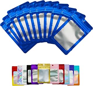 100 PCS Blue Resealable Mylar Holographic Bags Food Storage Smell Proof Bags with Front Window Packaging Pouch for Cookies Sample Jewelry Snack, 3.15x5.51 Inch