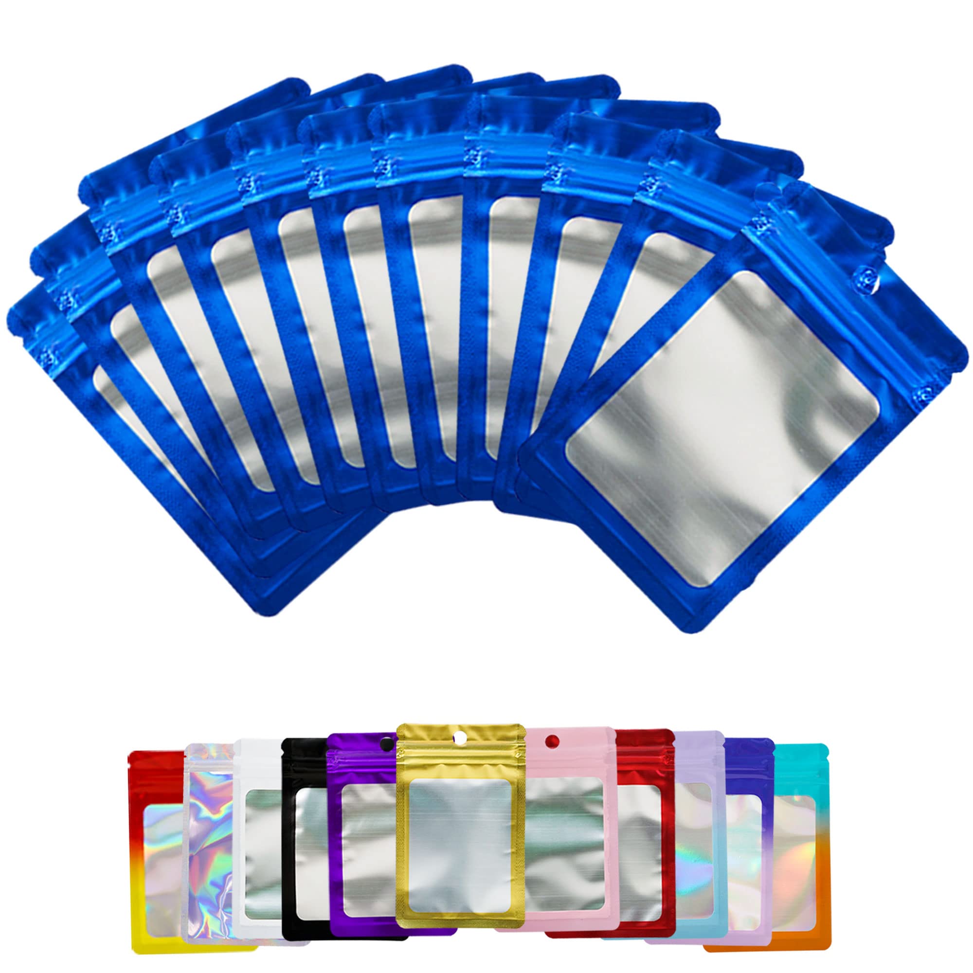 100 sacchetti richiudibili in Mylar olografico con chiusura lampo, per alimenti, a prova di odore, con finestra frontale, per biscotti, campioni, gioielli, snack, 8 x 14 cm