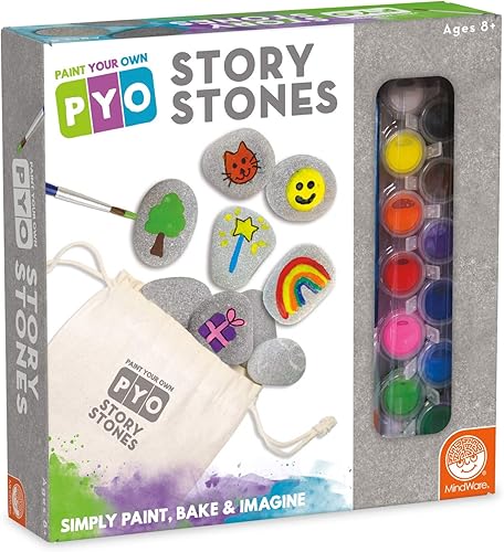 MindWare Pinta tus propias piedras de historia, kit creativo de arte de narración con 16 piedras pintables, pinturas y pinceles, juego de lenguaje