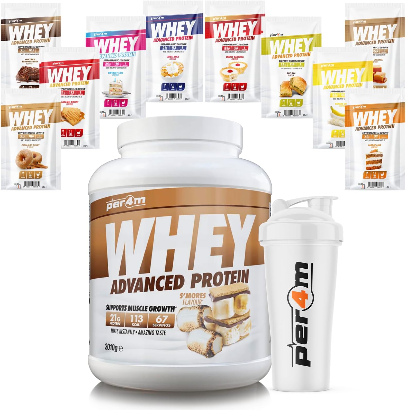 Per4m Whey Protein Shake Powder, Shaker and Sachets | Low Sugar Gluten Free | with 10 Mixed Flavour Sachets & Shaker (2010g, S'Mores)