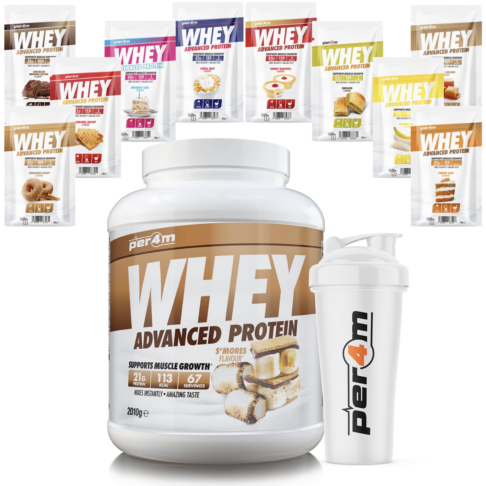 per4mAdvanced Whey Protein Powder | 67 Serving Low Sugar Protein Shake with Amino Acids | Perfect for Your Gym Bag and Travel | Shaker & 10 Mixed Selection Sachets (2010g, S'Mores)