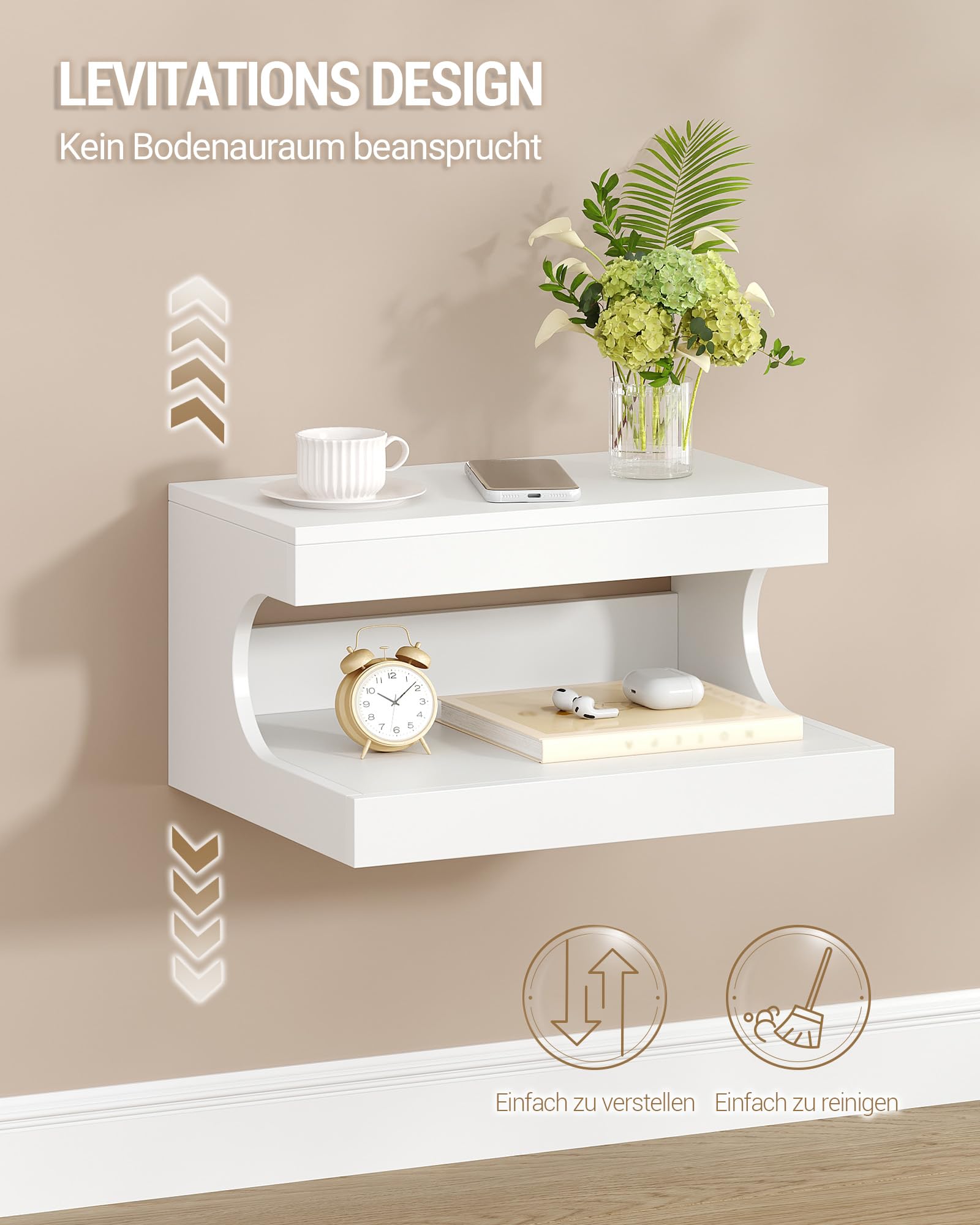 Hzuaneri Nachttisch Hängend 2er Set, Wandmontierter Regal-Nachttisch mit Schiebe-Tablett, Nachtkästchen Schwebend Wandregal mit Offener Raum, für Schlafzimmer, Wohnzimmer 30 x 40 x 20 cm Weiß NS51203X