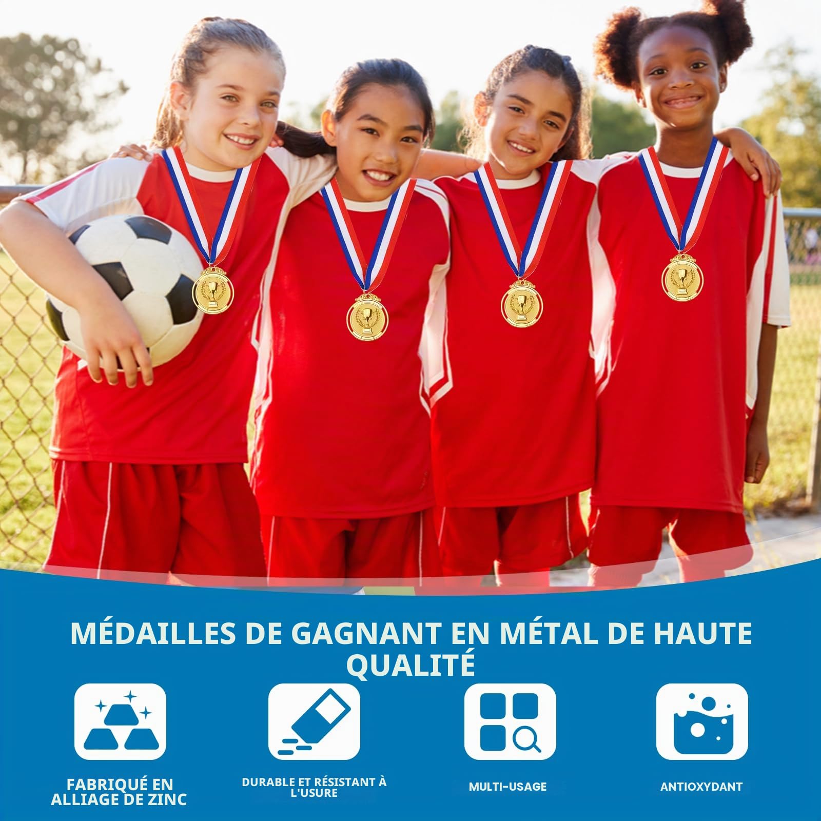 6 pièces de médailles d'or pour récompenses, médailles de récompense en métal pour enfants avec rubans de cou, médailles de vainqueur de trophées de style olympique, médailles d'or pour les prix de