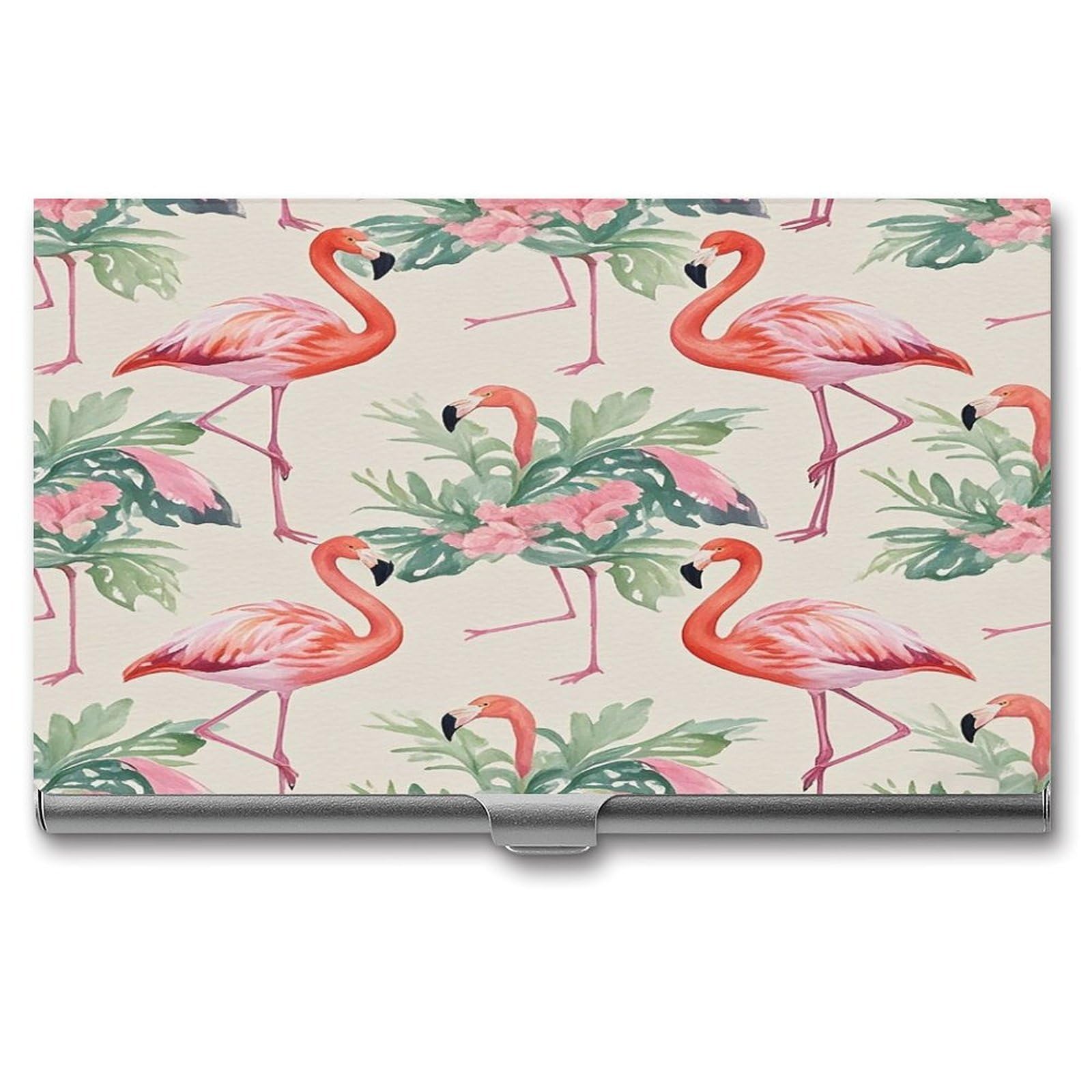 FekiLoot Watercolor Flamingo Business Card Holder for Men & Women Professional Stainless Steel Business Card Case Large Capacity Slim Purse Name Cards Holders Buckle Style Shut