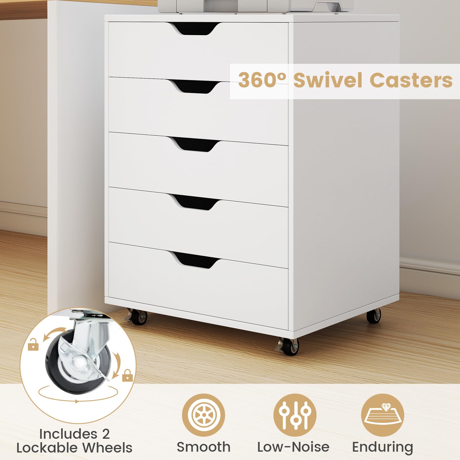KOMFOTTEU Rollcontainer mit Schubladen, mobiler Aktenschrank Schubladenschrank mit Räder, Bürowagen Druckerständer weiß, Büroschrank für Akten, Dokumente, 49x42x66cm (Weiß)