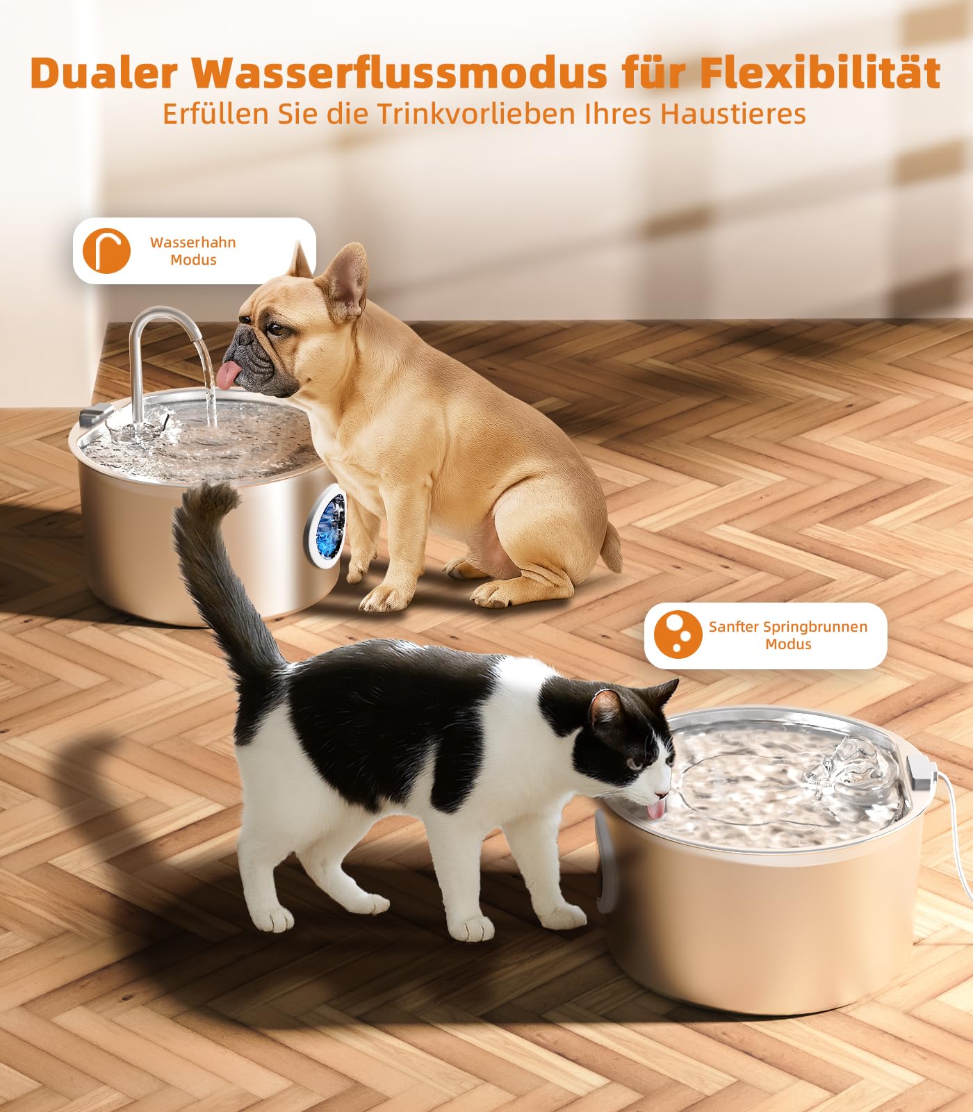 3.2L Katzenbrunnen Edelstahl mit 3 Filtern Trinkbrunnen für Katze Katzenbrunnen für Katzen mit Wasserstandsfenster Ultra leise Wasserbrunnen für Katzen Cat Water Fountain mit LED Licht