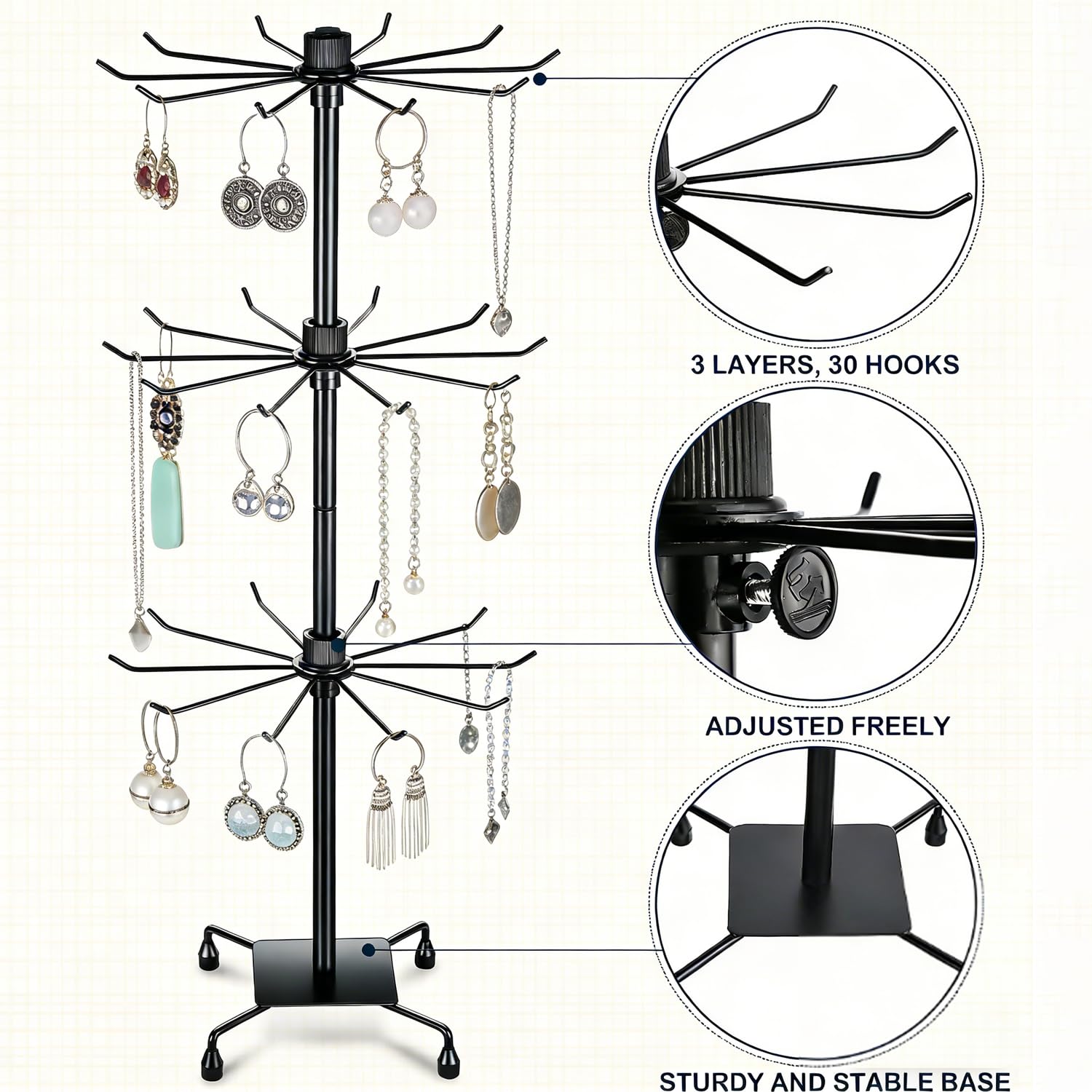 2 Pezzi Espositore Gioielli Girevole a 3 Livelli, Supporto Appendibile in Metallo Nero Rinforzato, Altezza Regolabile fino a 72 cm, per Collane, Portachiavi, Orecchini, Sciarpe, Maschere