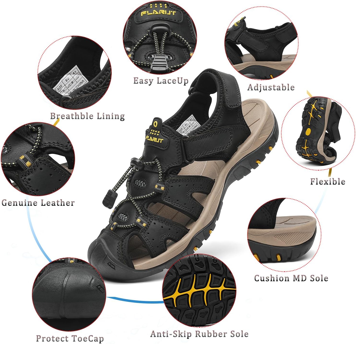 FLARUT Men's Sport Sandals Outdoor Hiking Sandals Closed Toe Leather Athletic Lightweight Trail Walking Casual Sandals Water Shoes - Image 2