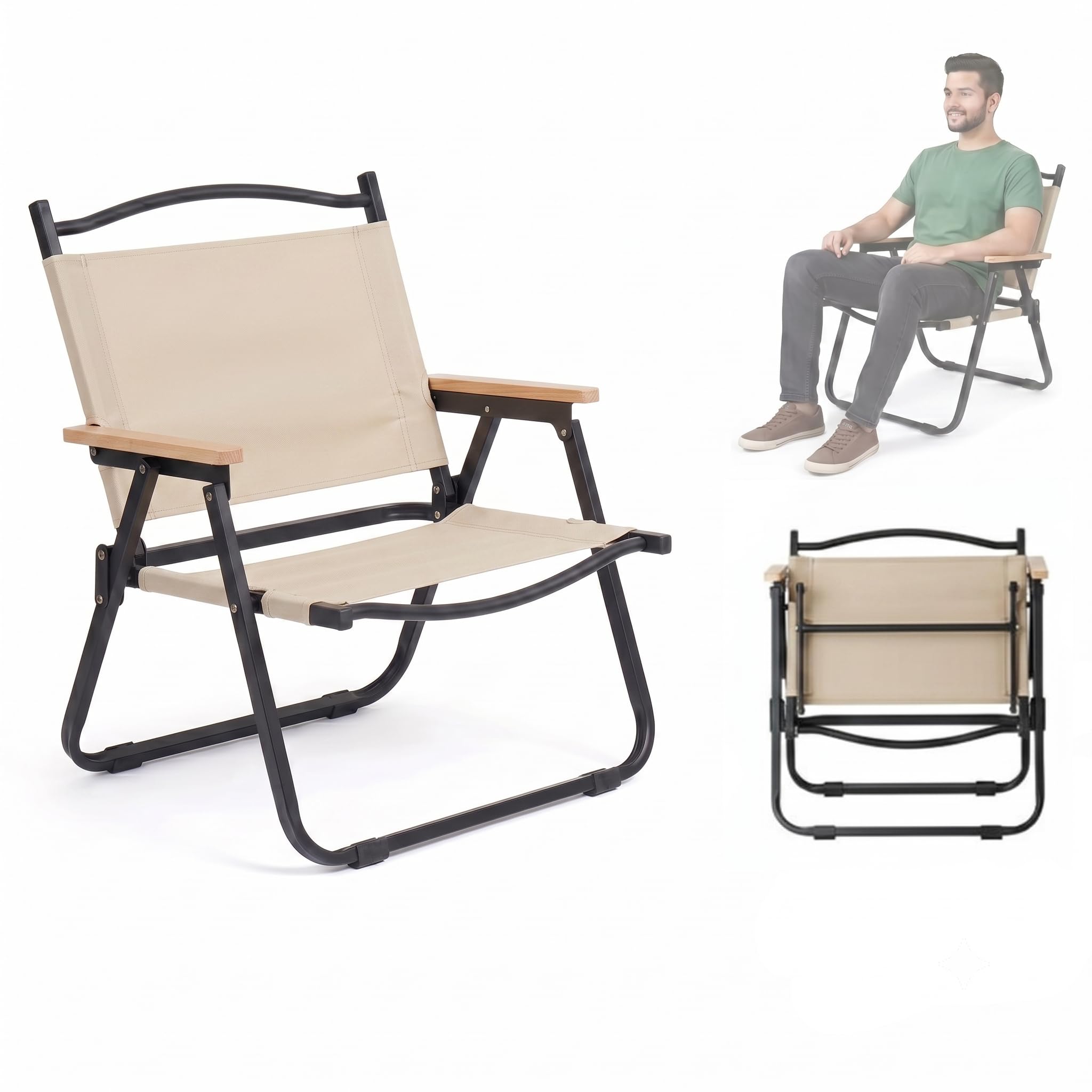 coku Portable Folding Camping Chair for Adults | Wooden Armrest Camping Chair with Heavy Duty Frame & Oxford Fabric | 150KG Capacity for Camping, Beach, Picnic, Fishing, BBQ & Travel (Beige)-image-20