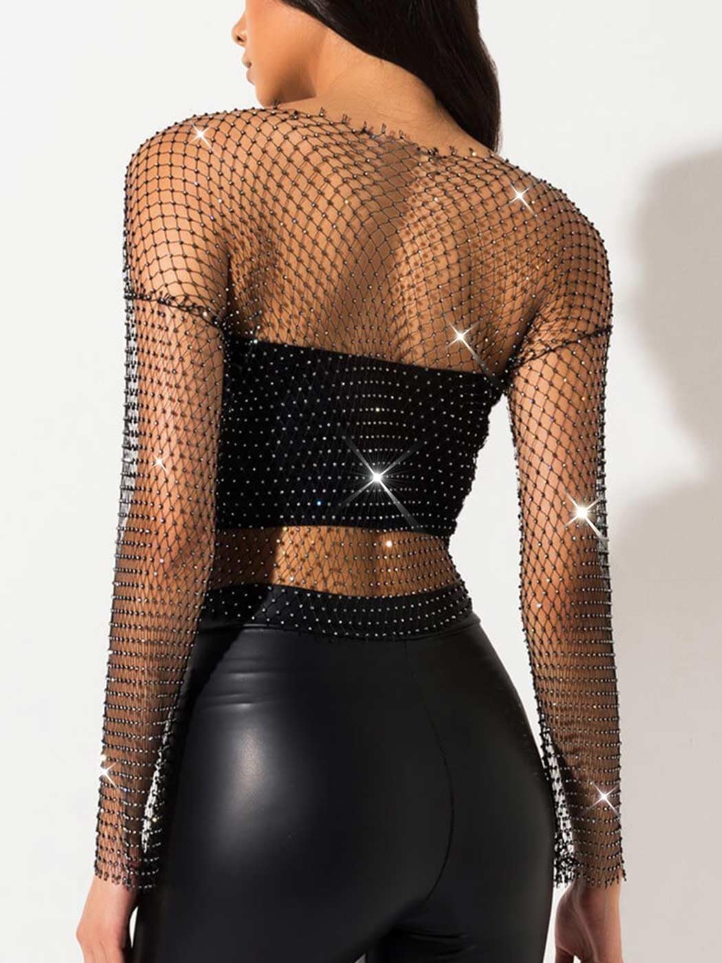 Asooll Rhinestone Mesh Tops Black See Through Sparkly Fishnet Crop Top for Women - Image 3