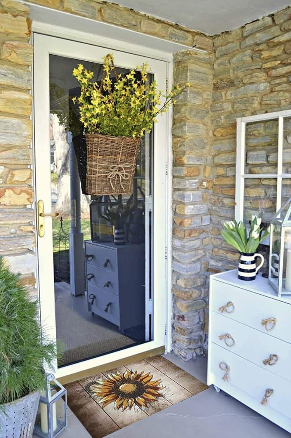 Morning View Rubber Welcome Door Mat Indoor Outdoor Sunflower Front Doormat Decorative Spring Floral Welcome Mats Non Slip Brown Entrance Rugs for Outside Patio Porch Front Door Low Profile 17X29 Inch