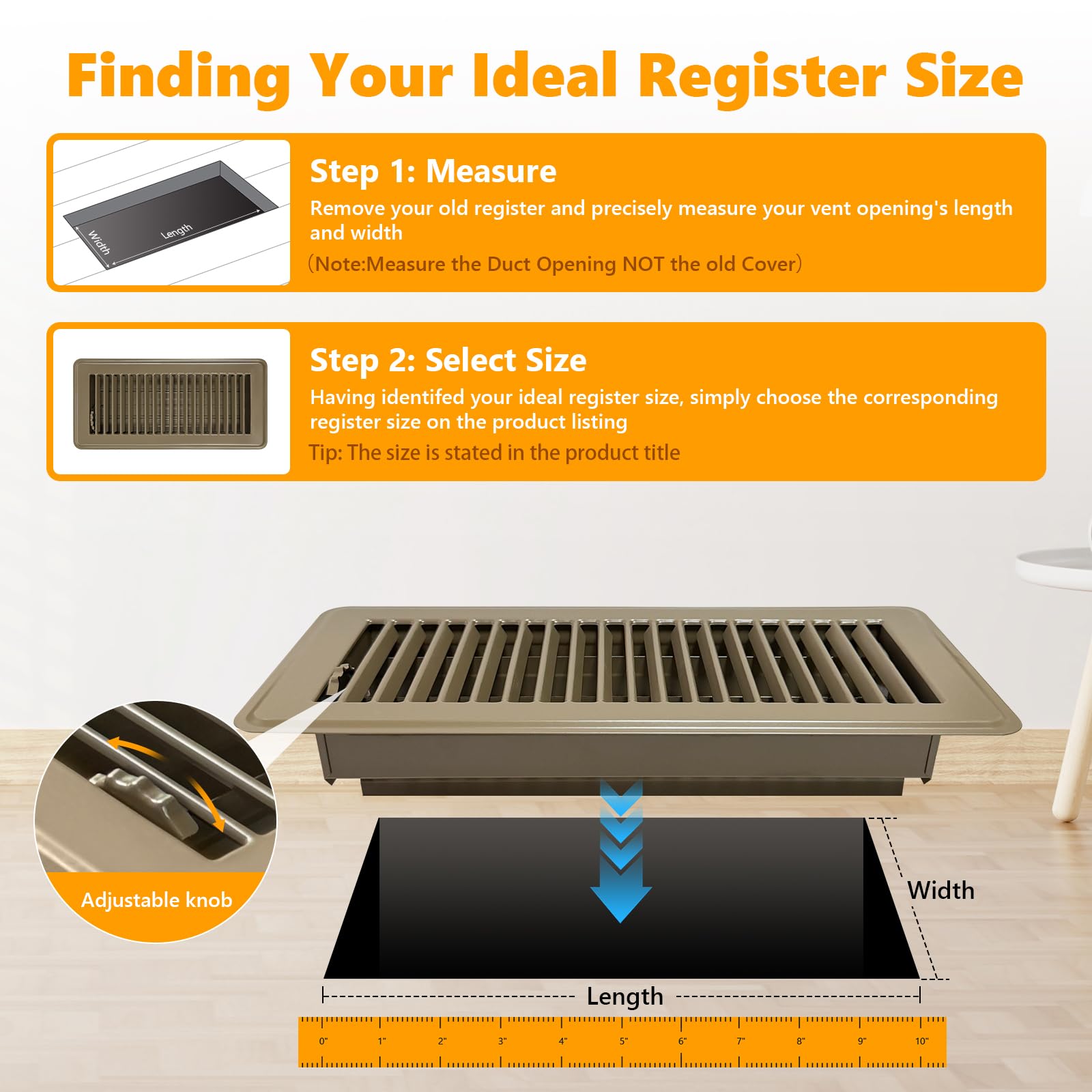 4 Pack Floor Vent Covers, Floor Register 4" x 10", Adjustable Decorative Vent Covers for Home Floor, Ceiling or Sidewall Vent, Rust-Proof Heavy Duty Walkable Steel Floor Vents (Brown 4'' x 10'') - 4