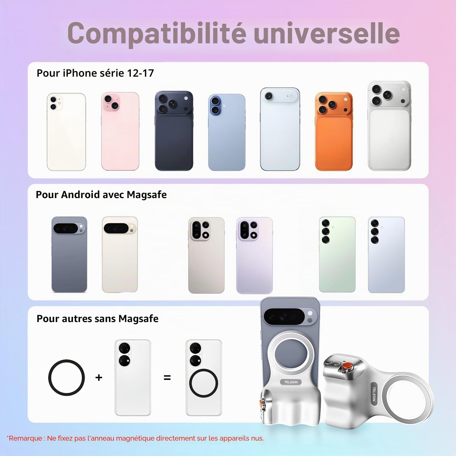 Poignée d'appareil Photo pour Smartphone et lumière magnétique RVB pour Selfie, poignée Magsafe avec télécommande Bluetooth, Charge USB-C Amovible, Prise de téléphone Portable pour Prendre des Photos
