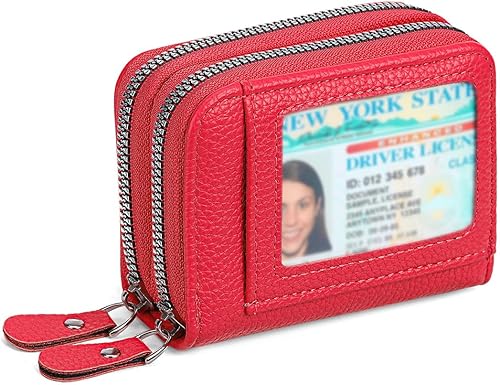 Vista 7 de Cartera pequeña de piel con bloqueo RFID para tarjetas de crédito, cartera pequeña para mujer, doble cremallera con ventana de identificación, Verde