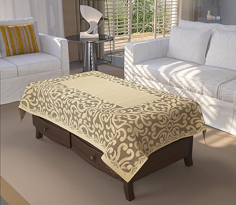 BIGGER FISH Polycotton 4 Seater Center Table Cover (40x60 inch) - Floral Design, Gold Jaal