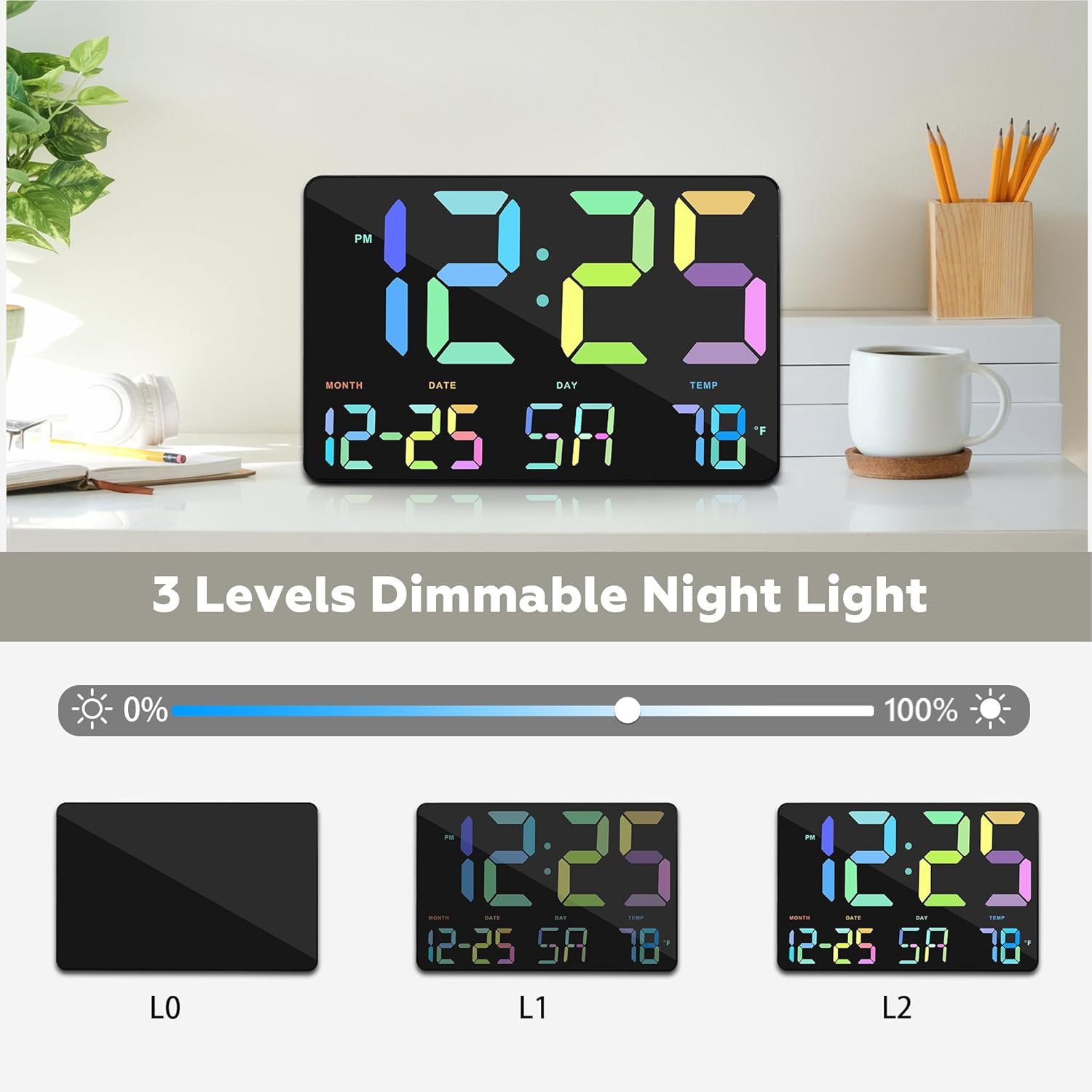 Amgico RGB Digital Alarm Clock with Snooze,Temperature,Auto Dimming,11.5" Large Display Calendar,Desk/Wall Clock for Bedroom,Living Room,Office,Home,Classroom,Kids,Elderly-Black