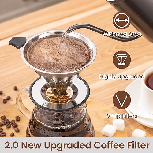 Miniatura 4 de 2.0 mejoradoGotero de café reutilizable de acero inoxidable con base antideslizante y asa, cafetera sin papel (plateado)