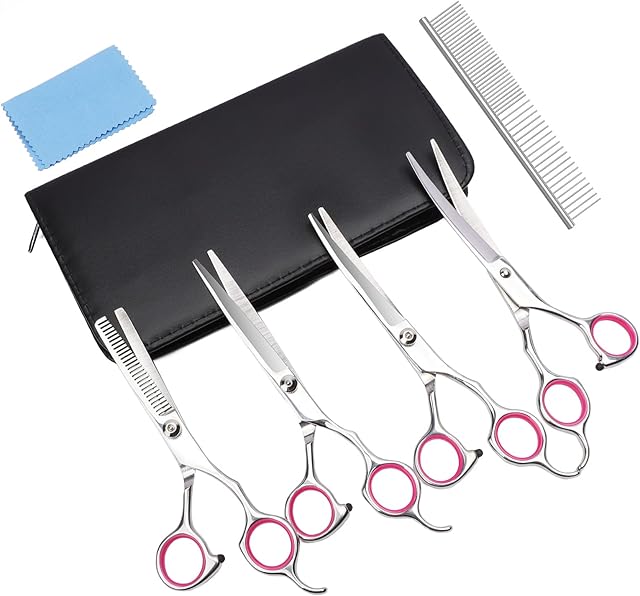 Sunallwell Dog Grooming Scissors Kit 7 Piece, Safety Round Tip Stainless Steel Titanium Coated Pet Grooming Trimmer Kit,Thinning Straight Curved tooth Shears Comb Cleaning Cloths with Case for Dog Cat