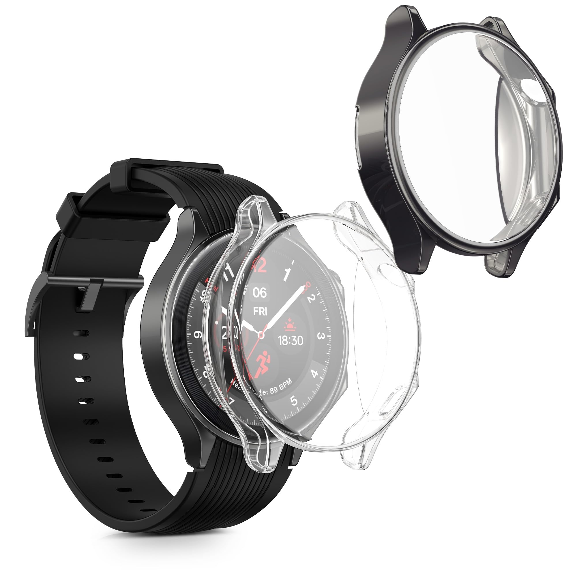 Case Compatible with OnePlus Watch 2 / OPPO Watch X Case - 2x TPU Silicone Fitness Tracker Cover - Dark Grey/Transparent