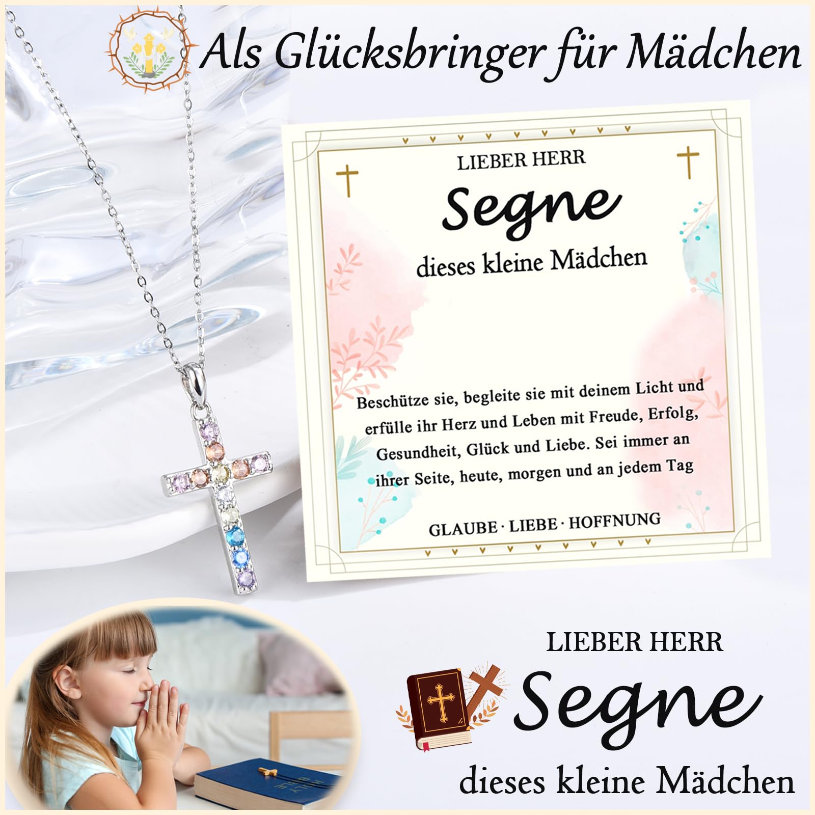 FAOMZQ Kommunion Geschenke für Mädchen, Kreuz Kette Halskette zur Erstkommunion Kommunion Konfirmation Taufe Firmung, Geschenk für Tochter Schwester Nichte Enkelin Patentochter von Mama Papa Taufpaten