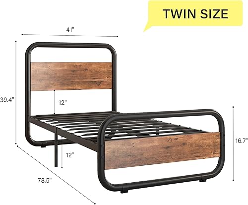Miniatura 2 de Catrimown - Base de cama individual con luces LED, resistente marco de cama de plataforma individual rústico de metal con cabecera de madera