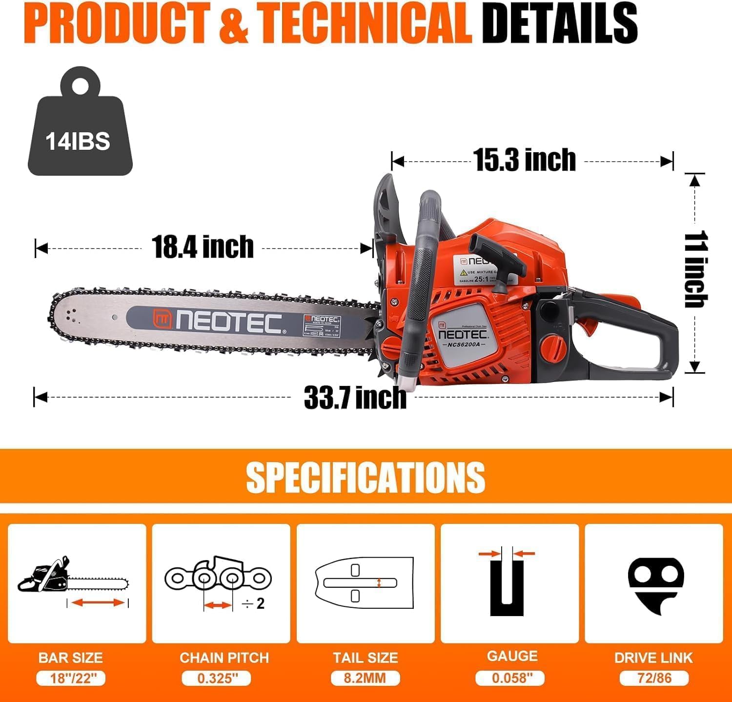 62CC Gas Powered Chainsaw with 18 22 Inch Bars Handheld Cordless Ergonomic Chainsaws 2-Cycle Petrol Gas Chain Saw for Backyard Storm Cleanup Tree Cutting Firewood Wood