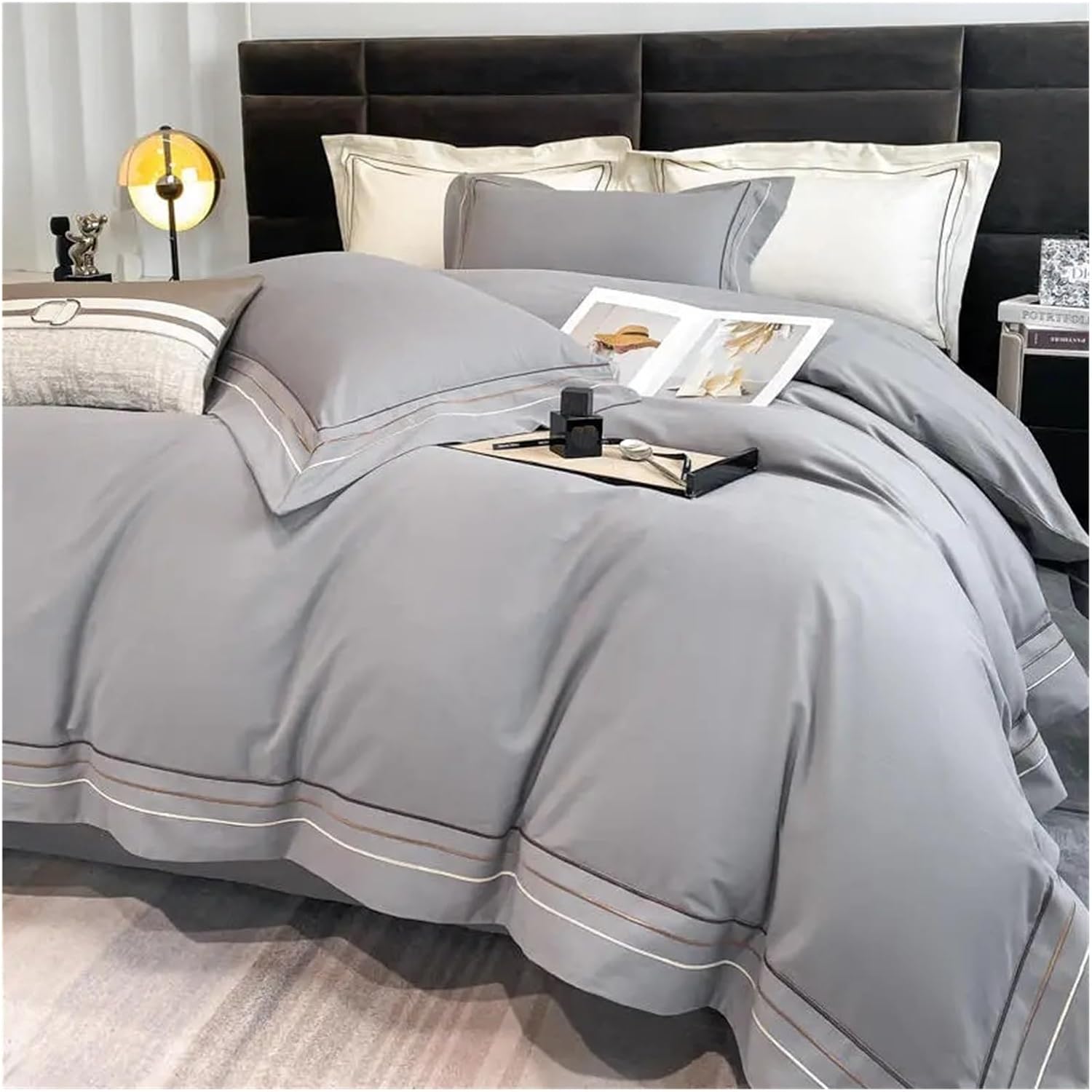 Cotton Bedding Set Three Lines Embroidery Duvet Cover Set with Bed Sheet Pillowcases Bed Linen 2 Person,Bed