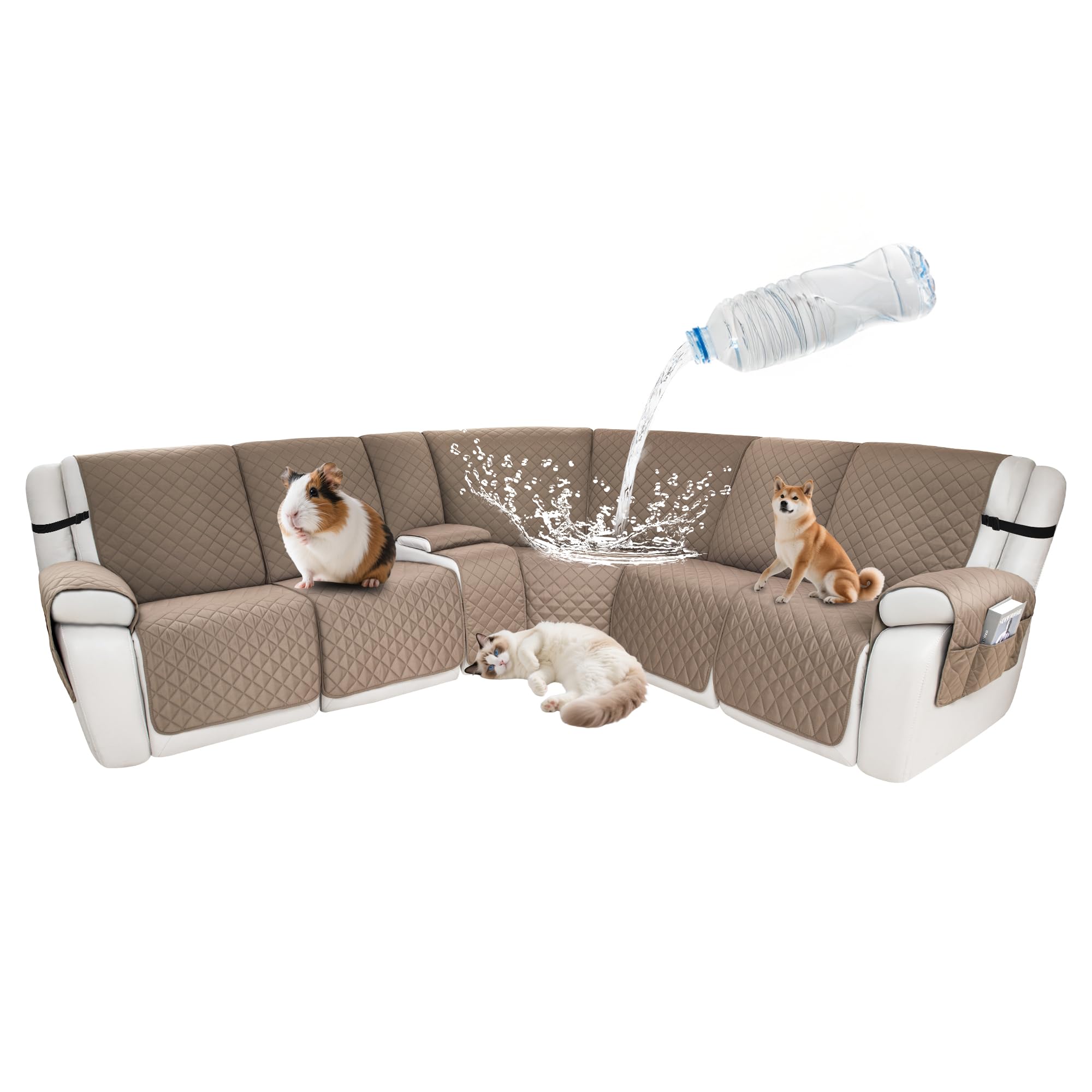 Waterproof Sectional Reclining Couch Covers L Shaped Recliner Sectional Sofa Cover 8 Piece Non Slip Washable Corner Recliner Slipcover Set for Pet Dog (5 Seater 1 Console Cover,Dark Camel)