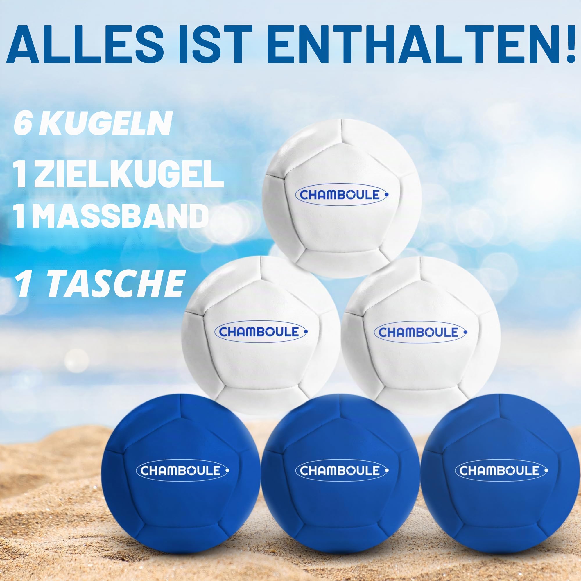 MASSA | CHAMBOULE – Boccia-Spiel für den Innen- und Außenbereich – blaue und weiße Kugeln – Set mit Zielkugel, Maßstab und Transporttasche – Boccia-Geländebock