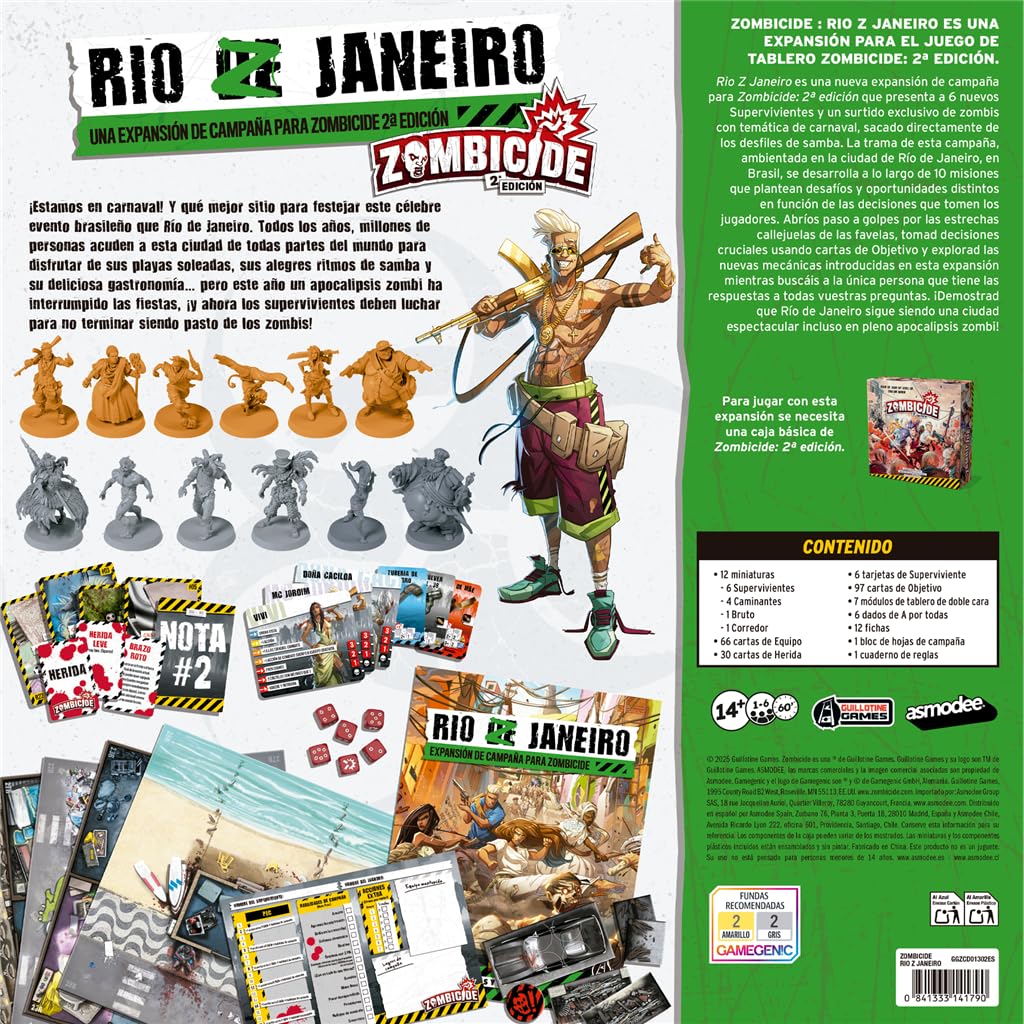 Asmodee Zombicide 2ª Edición: Rio Z Janeiro, Expansión de Campaña con 10 Misiones y Zombis de Carnaval, 6 Nuevos Supervivientes, A Partir de 14 Años, De 1 a 6 Jugadores, 60 Minutos, Español